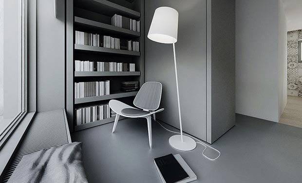 Modern Reading Interior Chic Modern Reading Nook Design Interior With Grey Small Chair Furniture And Grey Bookshelf Decoration Ideas Apartments Chic Modern Scandinavian Interior With Pops Of Neutral Color Schemes