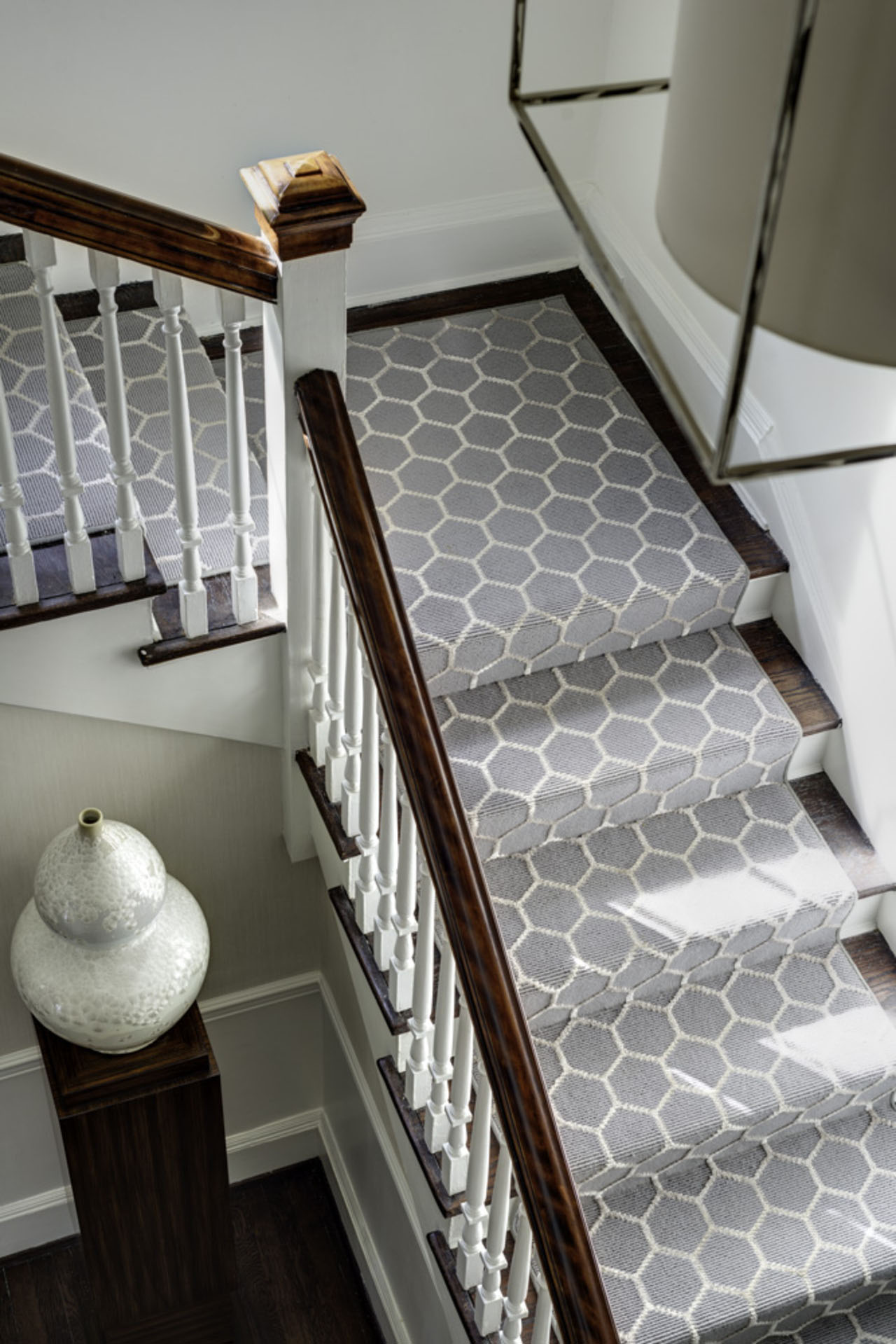 Avon Road Bhdm Classic Avon Road Residence By BHDM Staircase Idea Involving Hexagon Patterned Carpet Covering Wooden Steps Dream Homes Classic Living Room Style For The Stylish Home Appearance