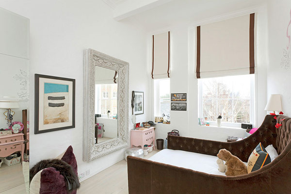 Mirror In London Classic Mirror In The Modern London House Bedroom With Brown Padded Bed And White Mattress Near Pink Dresser Dream Homes Elegant Simple Interior Design Maximizing Bright White Color Scheme