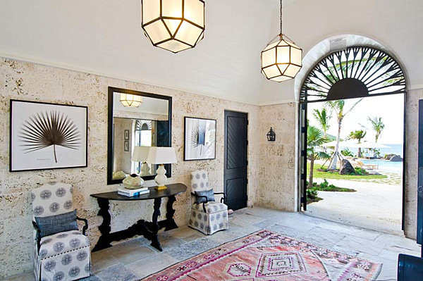 And Tropical Pendant Clear And Tropical Foyer With Pendant Lamp Above The Carpet That Beside The Wooden Table Under The Mirror Decoration Interior Design Chic And Tropical Interior Design For Sweet Contemporary Homes