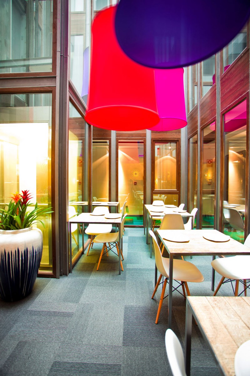 Dinning Table Magenta Colorful Dining Table Design With Magenta Red And Purple Of Pendant Lamps In The Hotel Portago Urban Hotels & Resorts  Bright Modern Interiors With Vibrant Pops Of Colors For Hotels