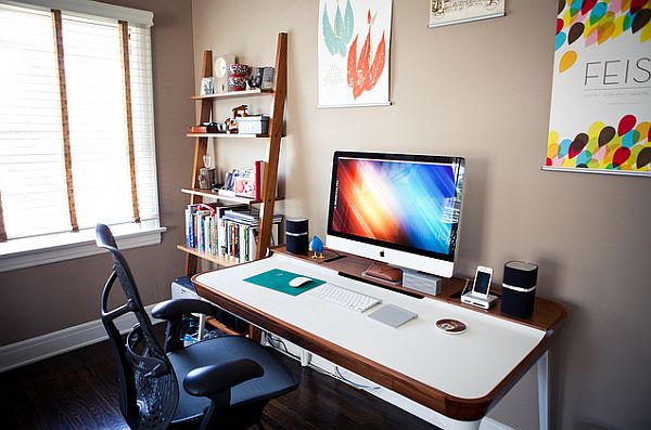 Ornaments Of Computer Colorful Ornaments Of Wall Arts Computer Desktop Wooden Shelves At Home Office With A Multitasking Desk And Restrained Shelf Space Office & Workspace  Adorable Home Office Design Find Your Own Style