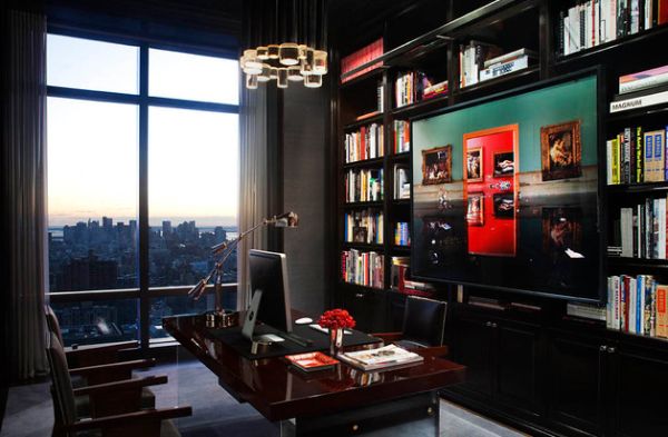 Contemporary Home New Compact Contemporary Home Office In New York With Sleek And Clear Lines Look In Dark Shades With Wooden Closet Two Wooden Chairs And Desk Office & Workspace Adorable Home Office Design Find Your Own Style