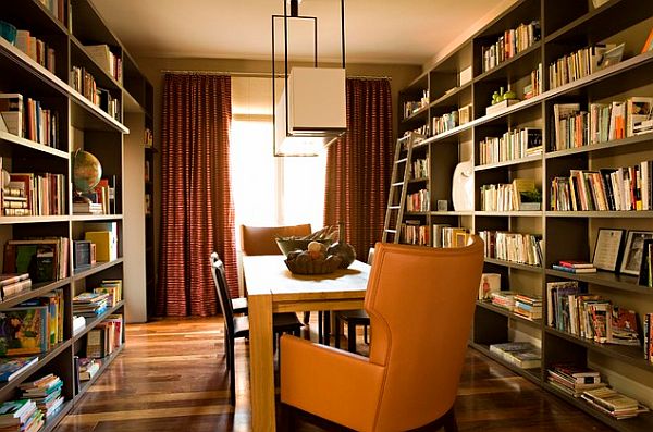 Room Decorated Home Compact Room Decorated In Elegant Home Library Decor With Two Sides Wooden Book Shelves With Dining Furniture Set Interior Design Nice Home Library With Stunning Black And White Color Schemes