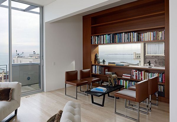 Brown And In Compelling Brown And White Room In Stylish Home Library Design With Wooden Shelves And A Set Of Brown Leather Chairs And Black Table Interior Design Nice Home Library With Stunning Black And White Color Schemes