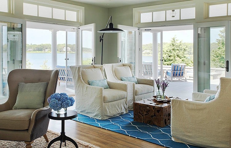 Living Room Falmouth Cozy Living Room Design At Falmouth Residence Marthas Vineyard With Fabric Sofa And Wooden Coffee Table Ideas Interior Design Fabulous Classic Interior Decoration With Surrounding Windows Design