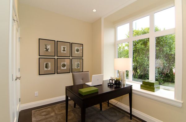 Nuance Of Office Creamy Nuance Of Gorgeous Home Office In Vancouver Shouts Out Less Is More In Small Space With Glossy Wooden Desk Cream Chair And Wall Arts Office & Workspace Adorable Home Office Design Find Your Own Style