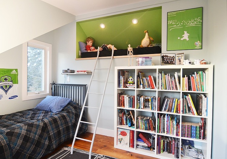 Design Of At Creative Design Of Reading Nook At Corbino House Above The Bookcase With Ladder Lightened By Ceiling Lamp Decoration  Beautiful Modern House With Sleek And Efficient Room Arrangement