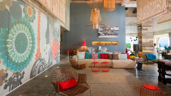 Living Sofas Wall Creative Living Sofas With Paint Wall Facing Brown Chairs And Taupe Rug At The W Hotel Vieques Island Interior Design  Eco Friendly Colorful Interior Design With Chic Abstract Wallpapers