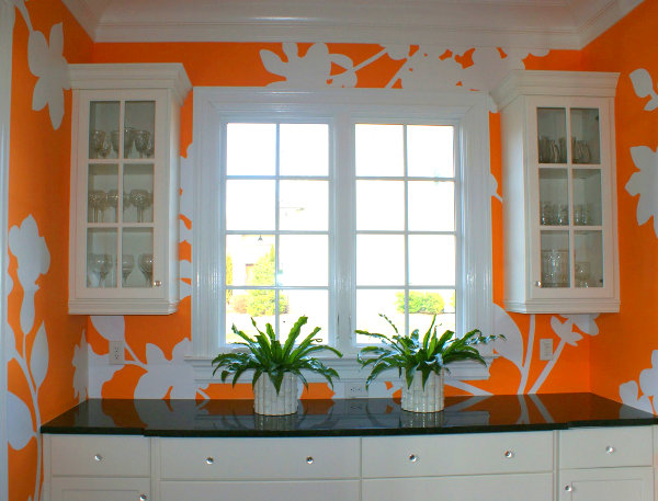 Wall Design And Creative Wall Design With White And Orange Color Feat Glass Cabinet Feat Windows Which Facing Planters Area Interior Design Chic And Tropical Interior Design For Sweet Contemporary Homes