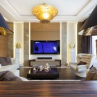 Gold Chandelier Family Dazzling Gold Chandelier In Lavish Family Room With Cushy White Sofa Dark Coffee Table Sophisticated TV Lavish Table Lamps On Wood Sideboard Dream Homes Extravagant Luxurious Interior Decoration Brings Warm And Cozy Nuance