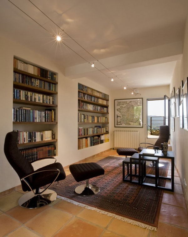 Lighting System Ceiling Dazzling Lighting System On Cream Ceiling Of Home Library With Wall Encapsulated Shelves Built In Design And Dark Brown Furniture Interior Design Nice Home Library With Stunning Black And White Color Schemes