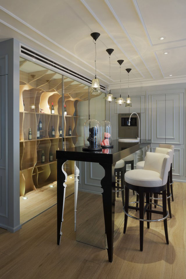 Blue Penthouse Studio Elegant Blue Penthouse By Dariel Studio Home Bar Idea With Black High Bar Counter And Stools In Front Of Wine Cellar Dream Homes  A Pair Of Functional And Stylish Home Brimming With Artistic Interior Touch