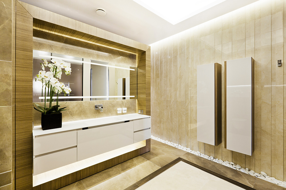 Modern Bathroom White Excellent Modern Bathroom With Minimalist White Bathroom Vanity Beautiful Flower In Dark Pot Rectangular Mirror Shiny Hidden Light Dream Homes  Extravagant Luxurious Interior Decoration Brings Warm And Cozy Nuance