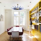 Blue Modular Lamp Exciting Blue Modular Shaped Pendant Lamp Above White Dining Desk With Red Tufted Single Chairs Inside Chevron Residence Dream Homes Elegant And Vibrant Interior Design For Stunning Creative Brick House