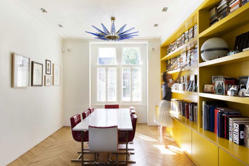 Blue Modular Lamp Exciting Blue Modular Shaped Pendant Lamp Above White Dining Desk With Red Tufted Single Chairs Inside Chevron Residence Dream Homes  Elegant And Vibrant Interior Design For Stunning Creative Brick House