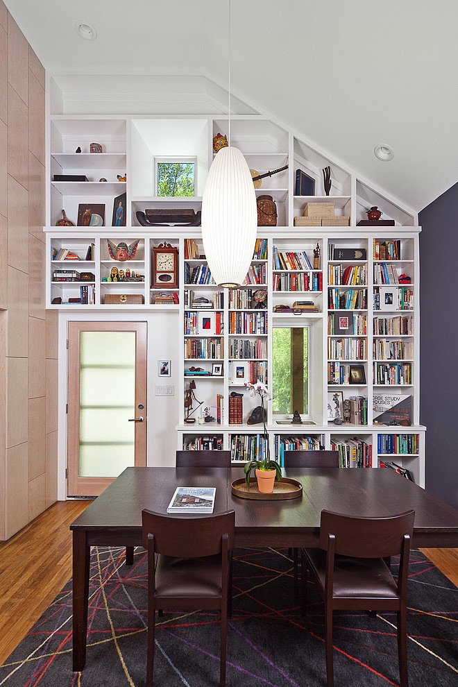 Dining Room House Exciting Dining Room In Corbino House With Dark Wood Dining Table And Chairs Also Large Bookcase Design Ideas Decoration Beautiful Modern House With Sleek And Efficient Room Arrangement