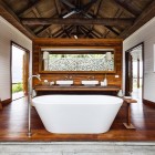 White Bath Bathroom Exciting White Bath Up For Bathroom Of The Korovesi Home In Wooden Striped Floor Completed With Wooden Decoration Elegant Modern Beach Home With Stunning Pacific Ocean View