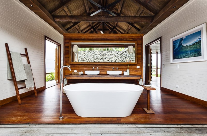 White Bath Bathroom Exciting White Bath Up For Bathroom Of The Korovesi Home In Wooden Striped Floor Completed With Wooden Decoration Elegant Modern Beach Home With Stunning Pacific Ocean View