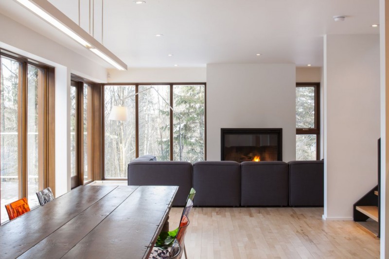 White Shaped In Exciting White Shaped Pendant Lamp In White Painted Wall In Wooden Striped Floor In The Cabane Residence Design Dream Homes  Classic And Contemporary Country House Blending Light Wood And Glass Elements