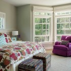 Bedroom In Marthas Exquisite Bedroom In Falmouth Residence Marthas Vineyard With Floral Bed Cover And Pillows Also Purple Armchair Interior Design Fabulous Classic Interior Decoration With Surrounding Windows Design