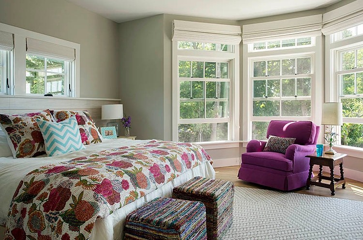 Bedroom In Marthas Exquisite Bedroom In Falmouth Residence Marthas Vineyard With Floral Bed Cover And Pillows Also Purple Armchair Interior Design Fabulous Classic Interior Decoration With Surrounding Windows Design