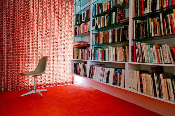 Bookcase Design Taupe Extraordinary Bookcase Design Ideas Facing Taupe Chair Feat Red Fur Rug At The Miller House Decor Dream Homes  Vibrant And Colorful Interior Design For Rooms In Your Home