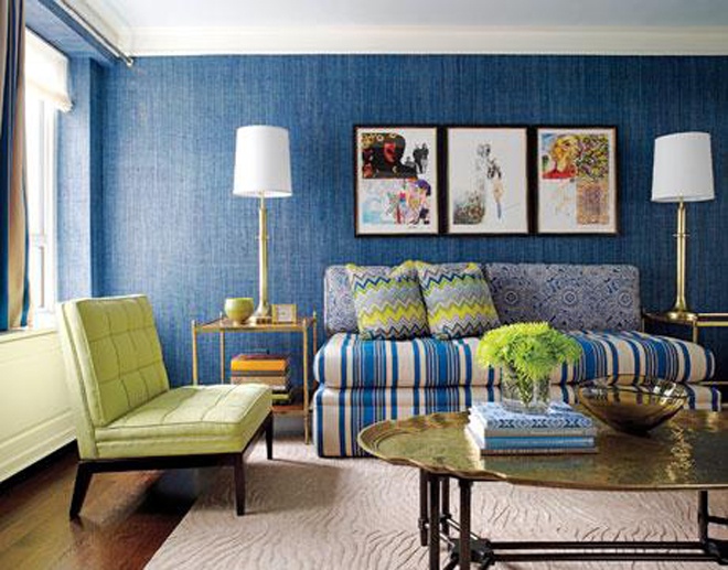 Catching Deep Wall Eye Catching Deep Blue Textured Wall Beautified With Green Blue Living Room Furniture Set With Tray Coffee Table Interior Design  Easy Stylish Home Designed By Bright Green Color Schemes