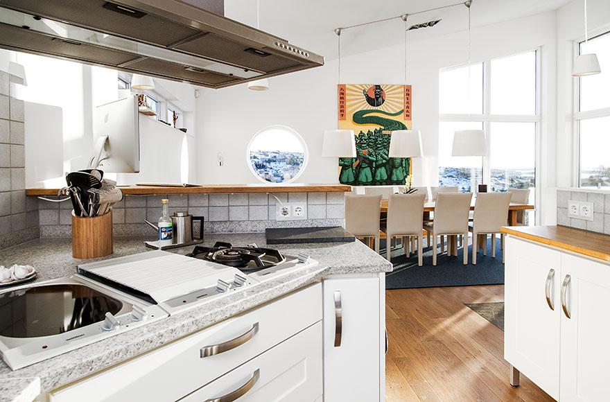 Catching Green On Eye Catching Green Painting Studded On The Center Wall Of Swedish House Dining Room With Pendants Above Table Dream Homes Fascinating Scandinavian Interior Design In Bright And Vivid Color Themes