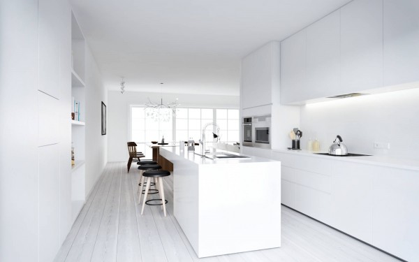 Atdesign Nordic Kitchen Fabulous ATDesign Nordic Style Minimalist Kitchen In White Furnished Stools On Kitchen Island On White Striped Floor Dream Homes Fancy Nordic Interior Concept In Beautiful Appearance Views