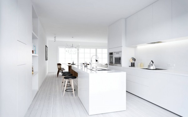 Atdesign Nordic Kitchen Fabulous ATDesign Nordic Style Minimalist Kitchen In White Furnished Stools On Kitchen Island On White Striped Floor Dream Homes  Fancy Nordic Interior Concept In Beautiful Appearance Views