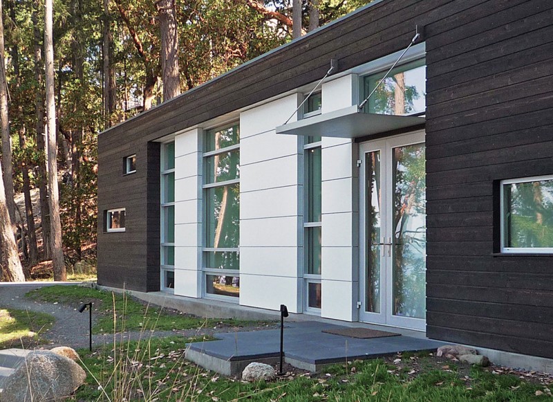 Facade View Weaving Fabulous Facade View Of The Weaving Studio With Glass Door And Grey Pergola Near The Wooden Wall Office & Workspace  Impressive Home Office With Guest Bedroom And Glass Windows