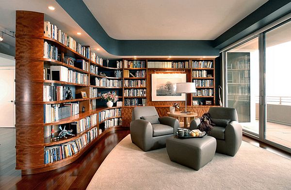 Ultra Modern Design Fabulous Ultra Modern Home Library Design Decorated In Brown And Grey Room Nuance With Curved Wooden Shelves And Grey Furniture Interior Design  Nice Home Library With Stunning Black And White Color Schemes