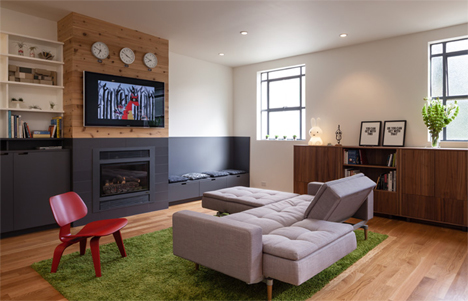 Room With And Family Room With Tufted Sofa And Red Chair On Green Rug Decoration  Secluded Modern Wooden Home With Beautiful Minimalist Interior