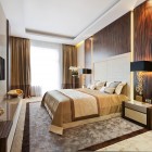 Bedroom With Wall Fantastic Bedroom With Sleek Hardwood Wall Panel Sparkling Hidden Light And Table Lamps On Cube Bedside Tables Wall Mounted TV Dream Homes Extravagant Luxurious Interior Decoration Brings Warm And Cozy Nuance