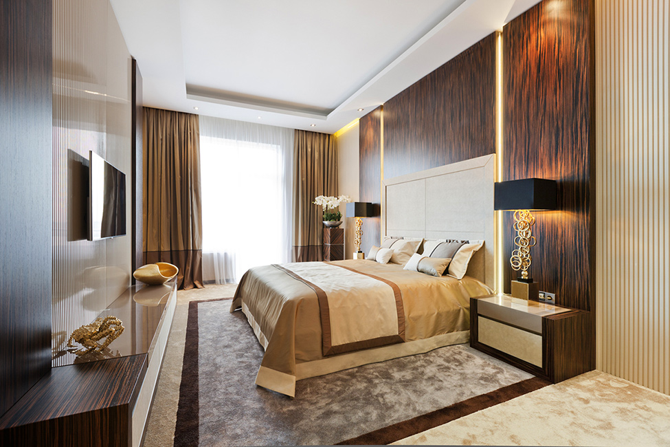 Bedroom With Wall Fantastic Bedroom With Sleek Hardwood Wall Panel Sparkling Hidden Light And Table Lamps On Cube Bedside Tables Wall Mounted TV Dream Homes Extravagant Luxurious Interior Decoration Brings Warm And Cozy Nuance