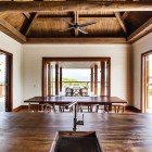 Wooden Striped From Fantastic Wooden Striped False Ceiling From Korovesi Home Completed With Wooden Glass Windows And Artistic Desk Decoration Elegant Modern Beach Home With Stunning Pacific Ocean View