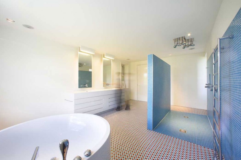 Blue White Centre Fascinating Blue White Tiled Patterned Center Wall On The White Red Patterned Floor In The Bathroom Chevron Residence Dream Homes  Elegant And Vibrant Interior Design For Stunning Creative Brick House