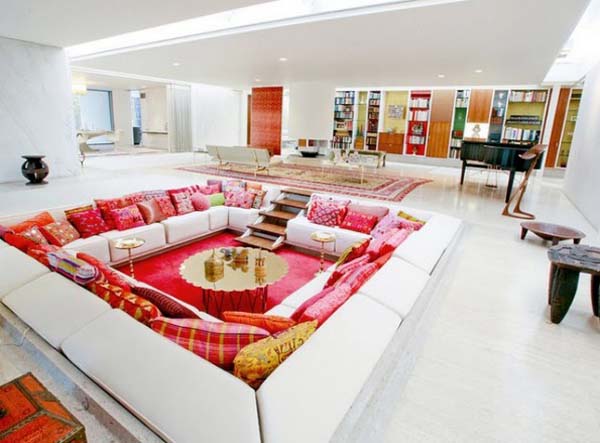 Livign Room Sofas Fascinating Living Room With White Sofas Feat Magenta Pillows Facing Wooden Table At The Miller House Dream Homes Vibrant And Colorful Interior Design For Rooms In Your Home