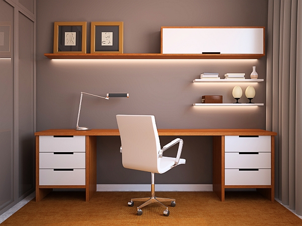 View Of Design Fascinating View Of Home Office Design Idea With Sleek Wooden Surfaces And Minimalism Overtones With Wooden Dresser Cabinet And Floating Open Shelf Office & Workspace Adorable Home Office Design Find Your Own Style