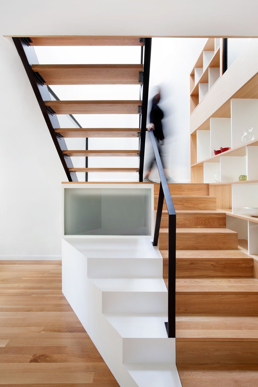 Wooden Constructed Iron Fascinating Wooden Constructed Ladder And Iron Railing Beside White Wooden Open Cabinets On Wooden Floor Of Chambord Residence Interior Design Creative House With Wood Exteriors And Interior Decorations