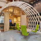 Wooden Table Chairs Fascinating Wooden Table And Green Chairs Design In Hayden Place That Curved Roof Design Add Nice In The Decoration Interior Design Fabulous Office Interior Design With Beautiful Indoor Gardens