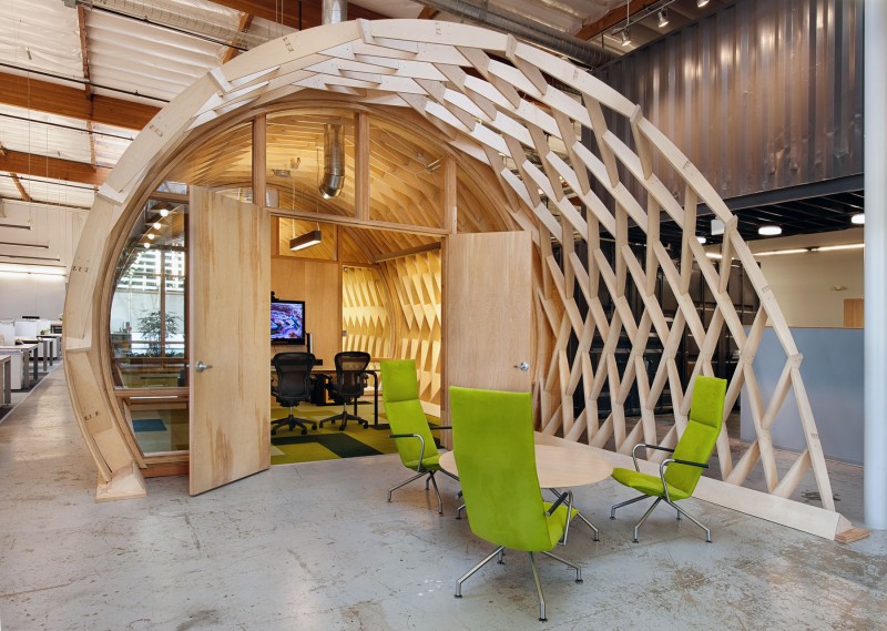 Wooden Table Chairs Fascinating Wooden Table And Green Chairs Design In Hayden Place That Curved Roof Design Add Nice In The Decoration Interior Design  Fabulous Office Interior Design With Beautiful Indoor Gardens