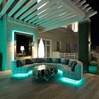 Terrace Outdoor Bright Fun Terrace Outdoor Design With Bright Lamp Of Sofas Feat Wooden Table That Completed The Design Ideas Interior Design Colorful Neon Interior Paint With Contemporary Interior Accents