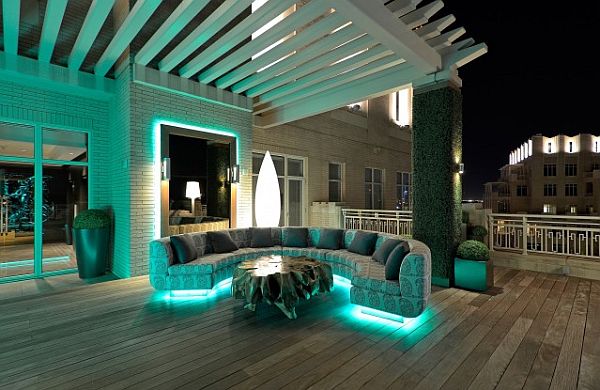 Terrace Outdoor Bright Fun Terrace Outdoor Design With Bright Lamp Of Sofas Feat Wooden Table That Completed The Design Ideas Interior Design Colorful Neon Interior Paint With Contemporary Interior Accents