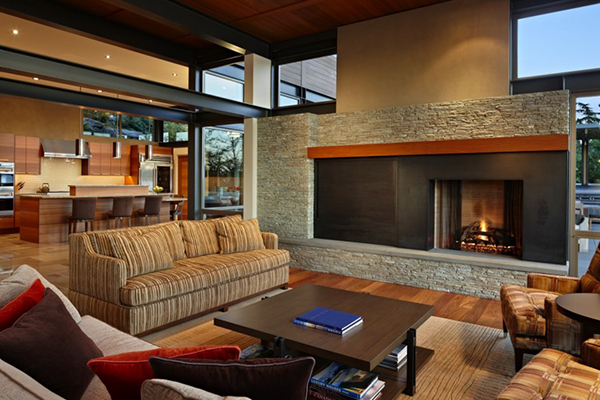 Living Room House Gorgeous Living Room In Lake House With Brown Sofas And Wooden Table Facing The Wide Fireplace Dream Homes Contemporary Lake House Integrates With Beautiful Natural Landscape