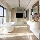 Luxury Bathroom White Gorgeous Luxury Bathroom Design With White Colored Bathtub And Cream Colored Floor Which Is Made From Concrete Dream Homes Sophisticated Interior Design In White Color Themes For High-end Living Style