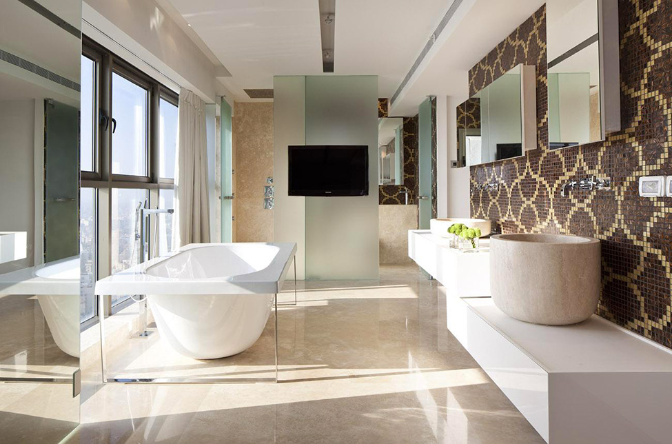 Luxury Bathroom White Gorgeous Luxury Bathroom Design With White Colored Bathtub And Cream Colored Floor Which Is Made From Concrete Dream Homes Sophisticated Interior Design In White Color Themes For High-end Living Style