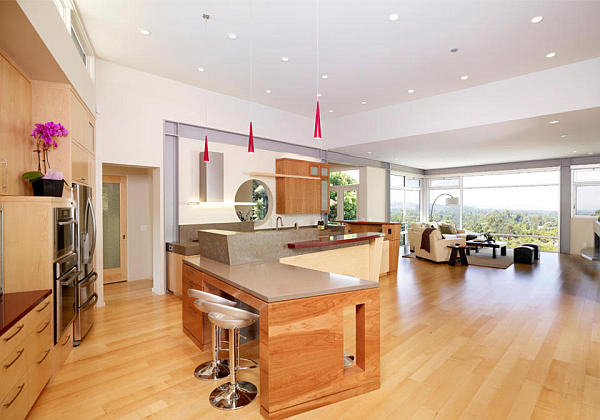 Kitchen Room Interiors Great Kitchen Room In Modern Interiors With Amazing Views With Red Pendant Lamps Above Taupe Countertop Design Dream Homes  Stylish Modern Interior Design In Snow White Layout And Style