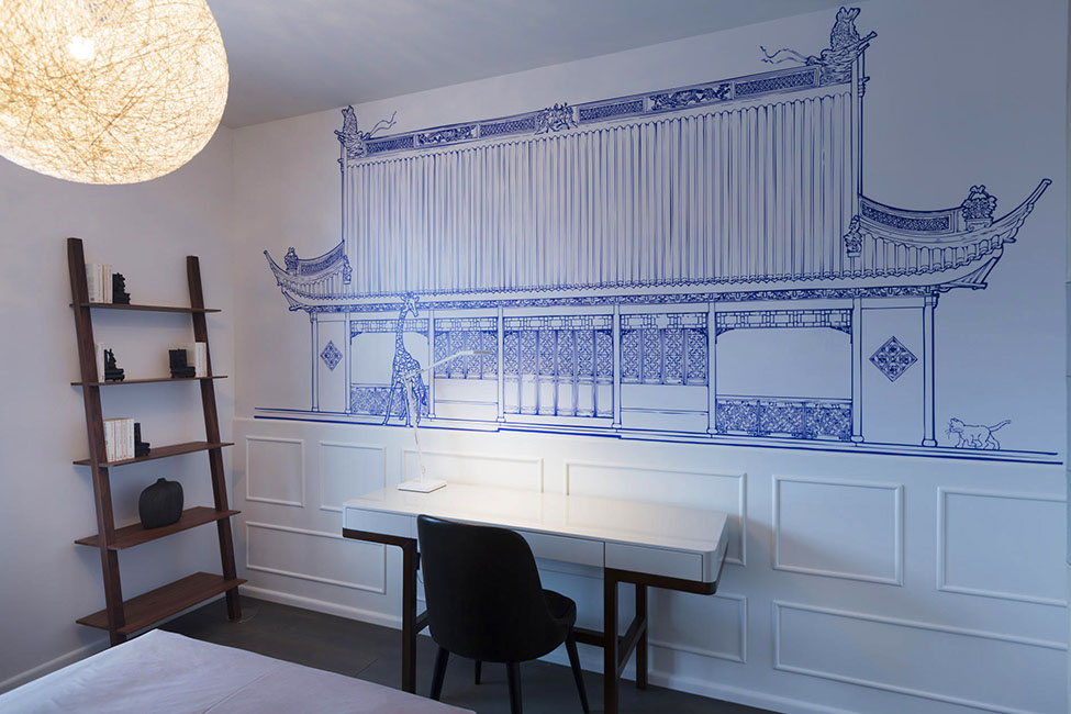 Blue Themed Installed Incredible Blue Themed Home Sketch Installed On Center Wall Of Blue Penthouse By Dariel Studio Bedroom With Desk Dream Homes  A Pair Of Functional And Stylish Home Brimming With Artistic Interior Touch